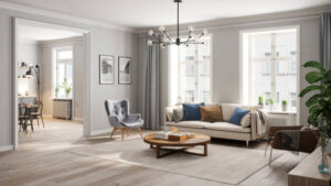  Living room with a sofa, chair and table arranged in a cozy way